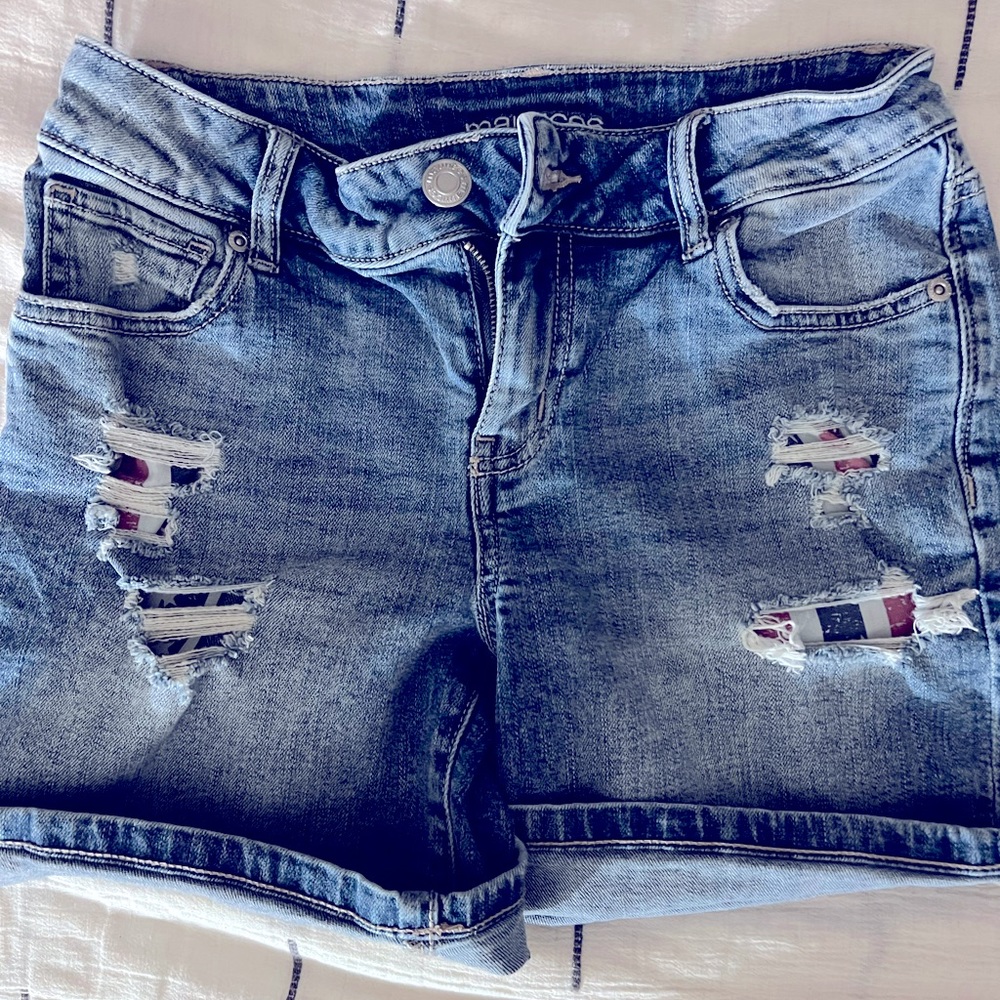 Blue Jean shorts with American flag patch work.